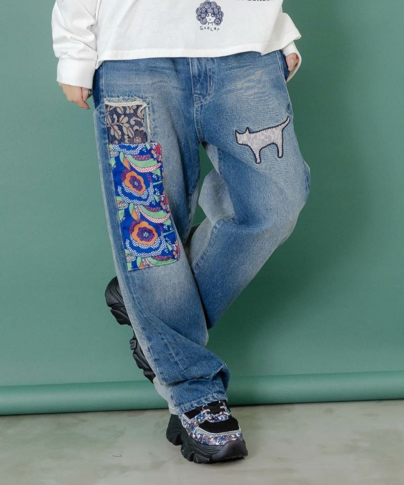 スカラー / 綿×レース異素材アップリケデニムパンツ