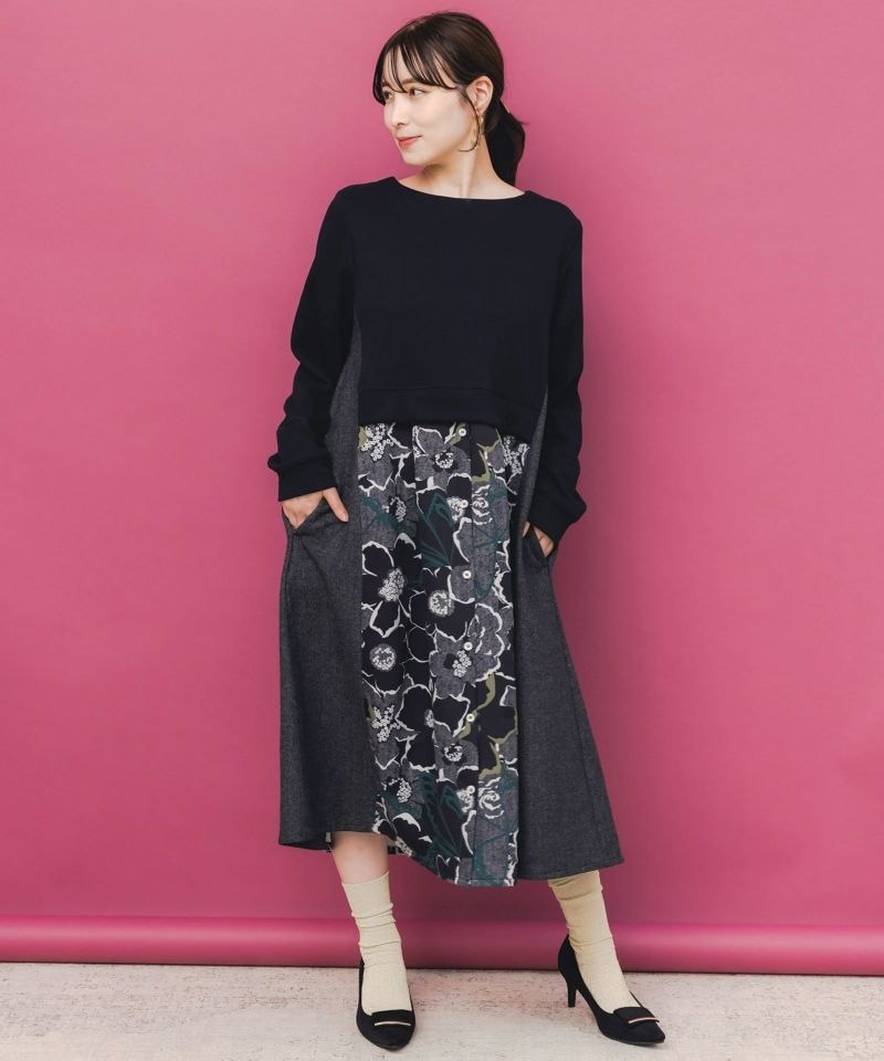 イズスカラー / 花柄ヘリンボーン×裏毛×布帛 異素材切替ワンピース