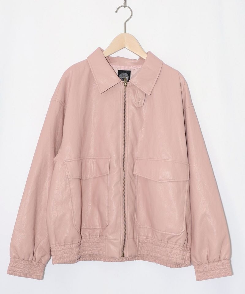 ピンクの猫　 ワイズ ピッグスキン レザージャケット スカラー / ネコ刺繍フェイクレザー×裏地ブルゾン | BRAND,ScoLar