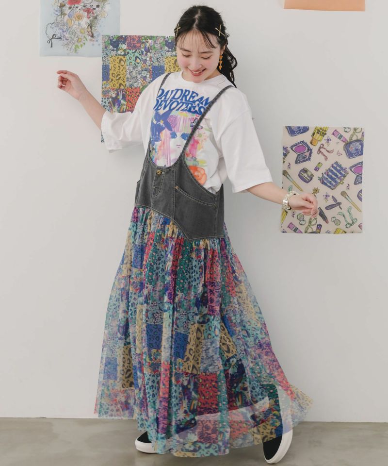 スカラー ScoLar 花×ヒョウパッチワーク柄 デニム切替ワンピース スカラー / 花×ヒョウパッチワーク柄 デニム切替ワンピース