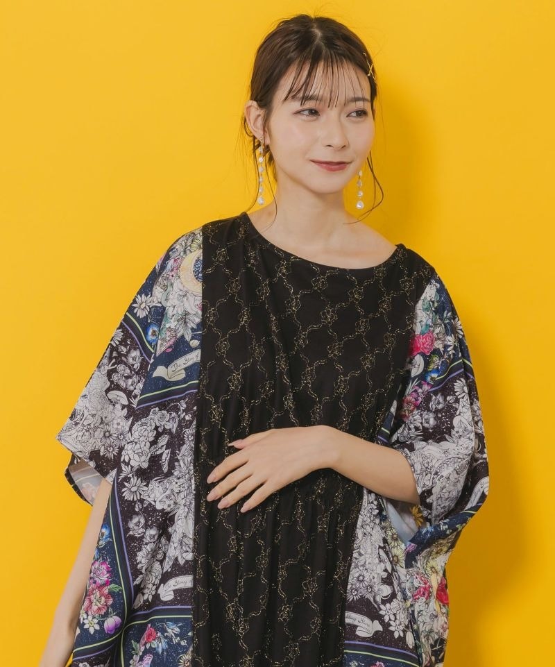 イズスカラー / 星座と花柄チュール 異素材切替ワンピース