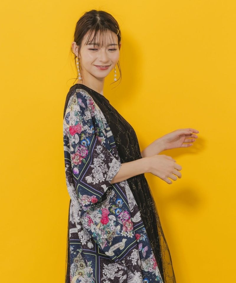 イズスカラー / 星座と花柄チュール 異素材切替ワンピース