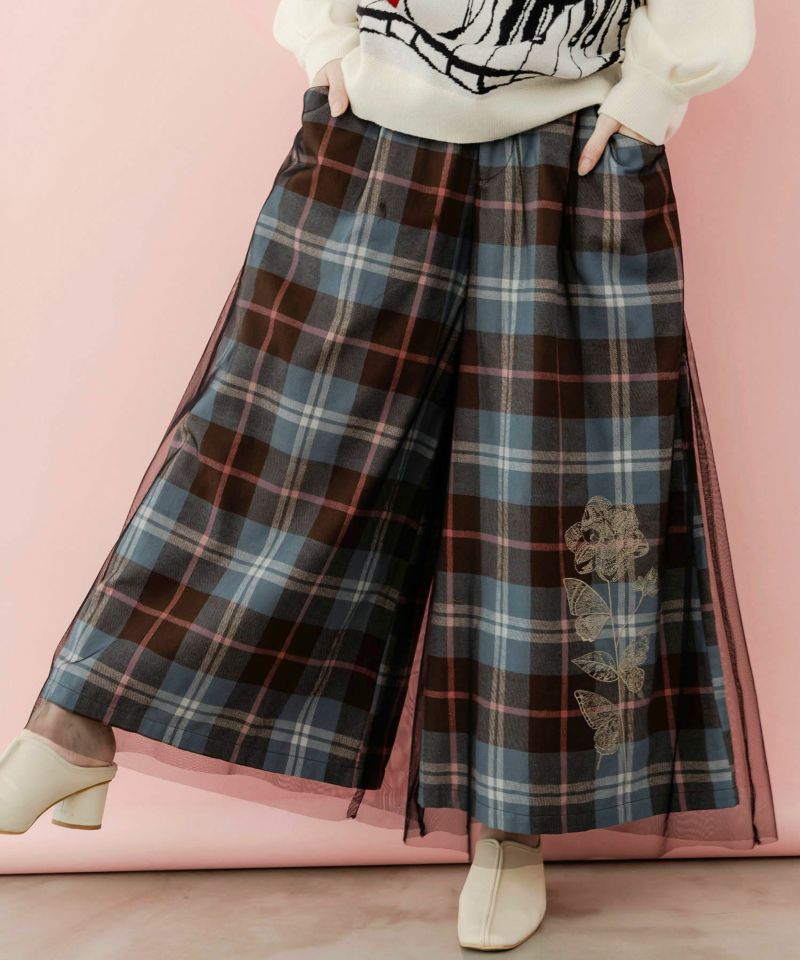 イズスカラー / 花蝶刺繍チュール重ねチェックパンツ | ITEM
