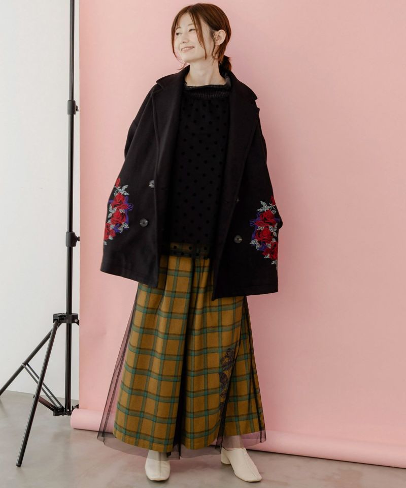 イズスカラー / 花蝶刺繍チュール重ねチェックパンツ | ITEM