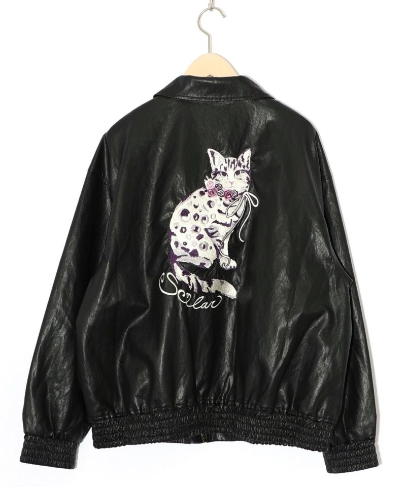 新品scalarネコ柄刺繍ブルゾン スカラー / ネコ刺繍フェイクレザー×裏地ブルゾン | BRAND,ScoLar