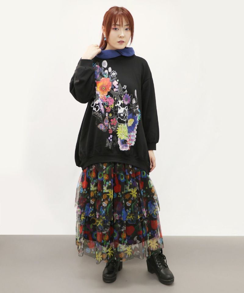 スカラー / ネコ花柄モックネック裏毛ワンピース | ITEM,Dress