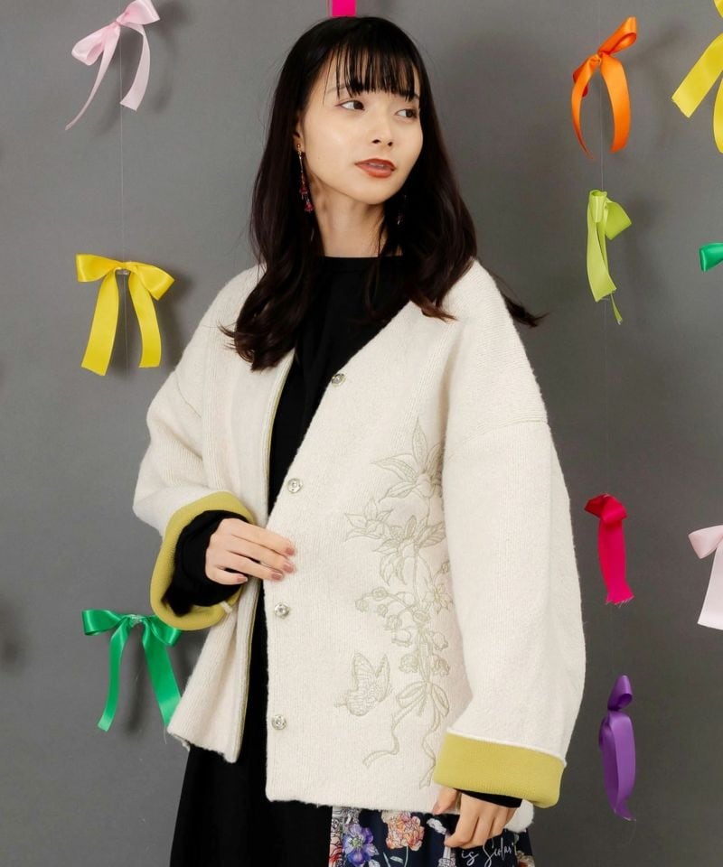 イズスカラー / 花刺繍バイカラーニットカーディガン | BRAND,ScoLar