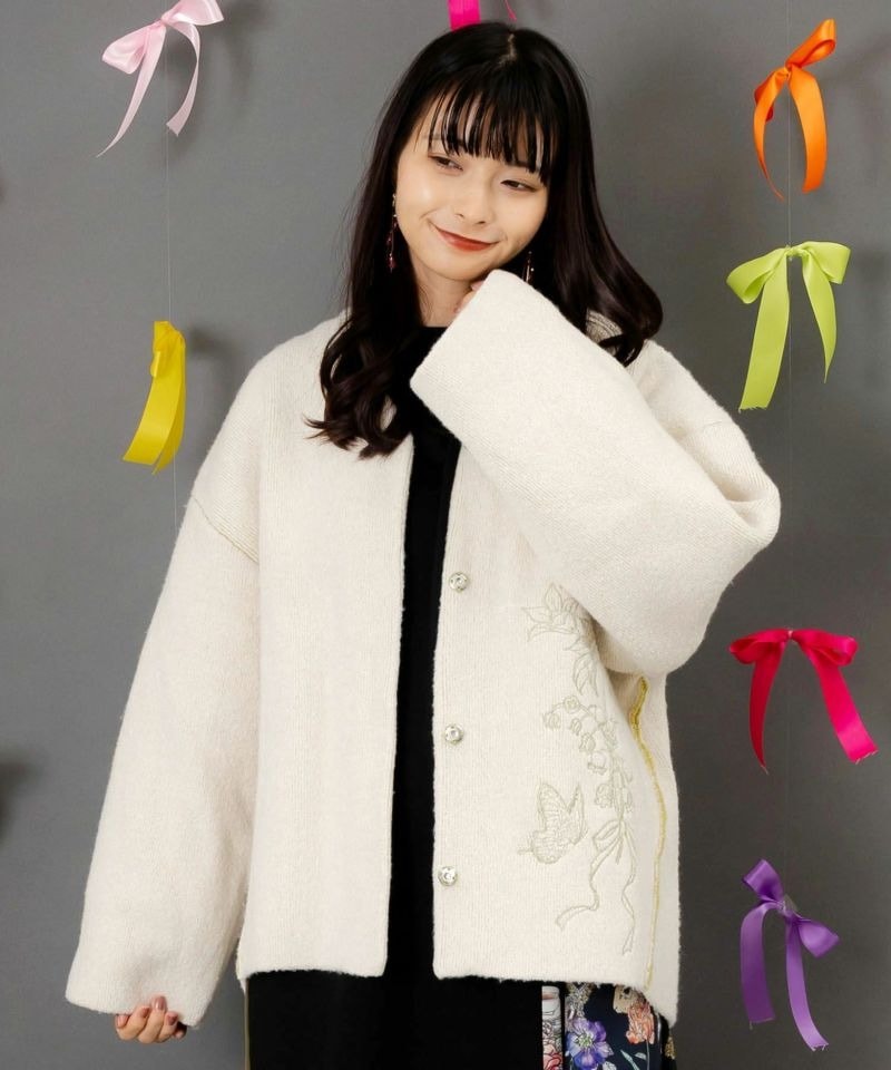 イズスカラー / 花刺繍バイカラーニットカーディガン | BRAND,ScoLar