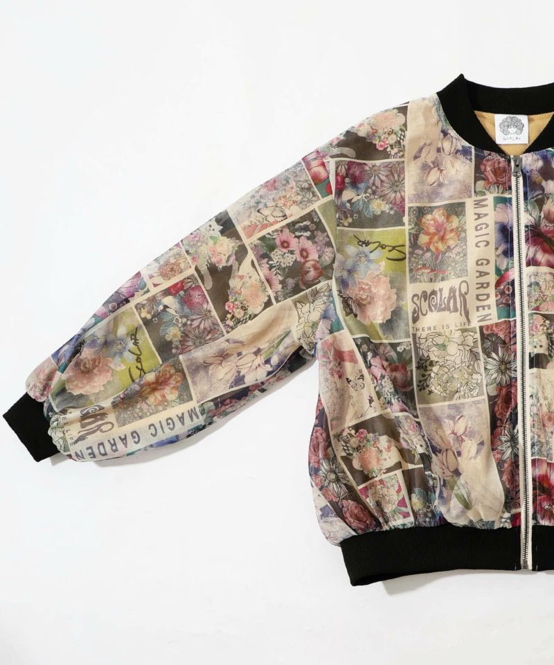 【スカラー】ネコ花柄フォトコラージュ シアー×フリースブルゾン スカラー / ネコ花柄フォトコラージュ シアー×フリースブルゾン