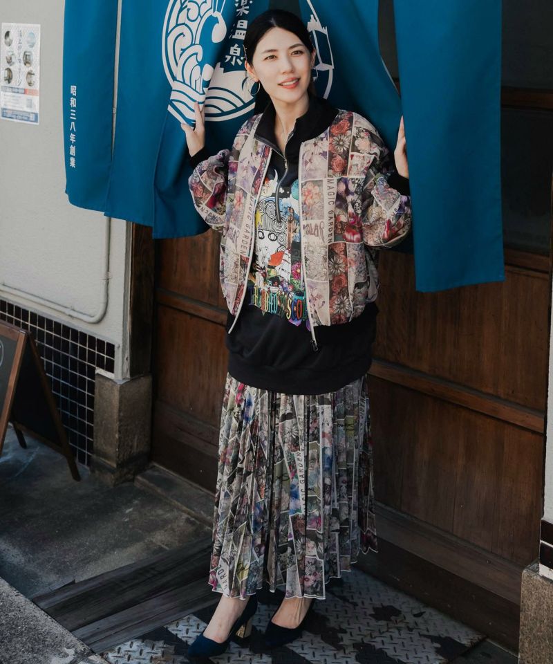 スカラー猫と花いろいろモチーフチャイナブルゾン スカラー / ネコ花柄フォトコラージュ シアー×フリースブルゾン