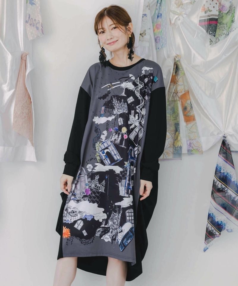 iS ScoLar 553239：不思議な街柄タック入りワンピース 553239：不思議な街柄タック入りワンピースの通販-ScoLar