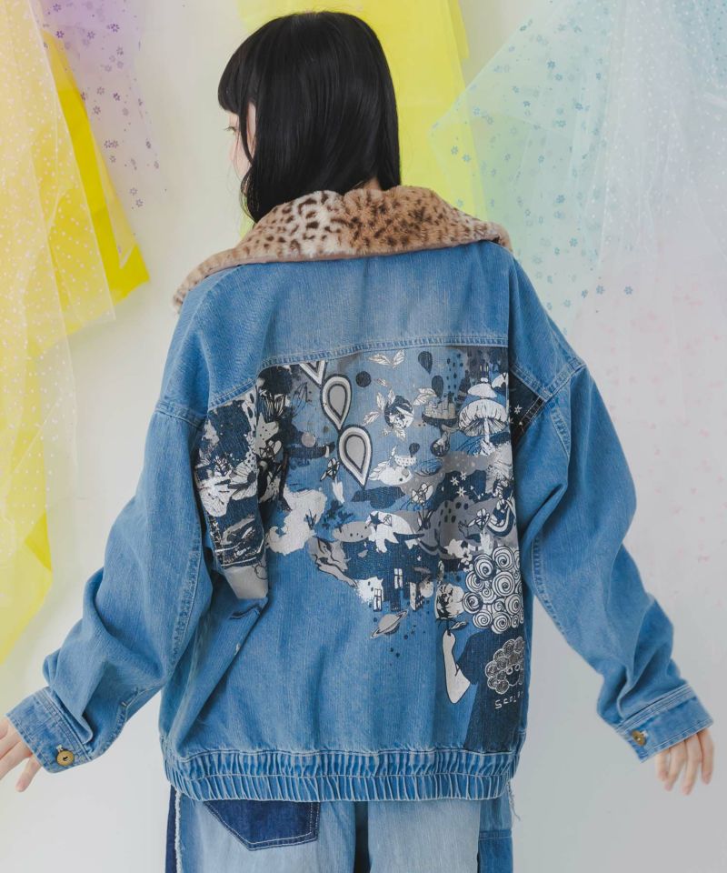 全商品オープニング価格！ スカラー POPプリント デニム×ヒョウ柄フェイクファー / ジャケット・アウター