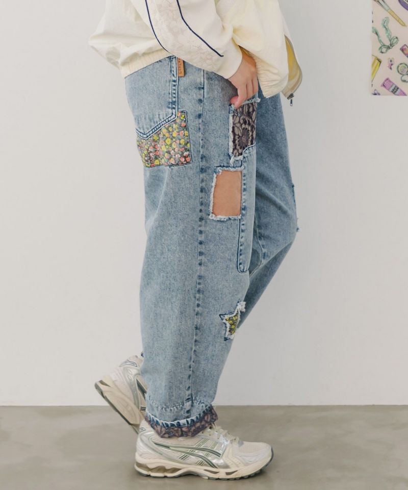 ScoLar☆バイカラー アップリケデニムパンツ(ブルー) スカラー