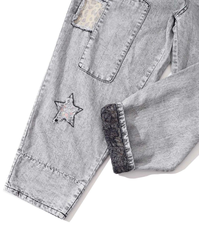 新品　スカラー　星花アップリケ　ブリーチ加工　デニムパンツ　グレー　完売品 新品 スカラー 星花アップリケ ブリーチ加工 デニムパンツ
