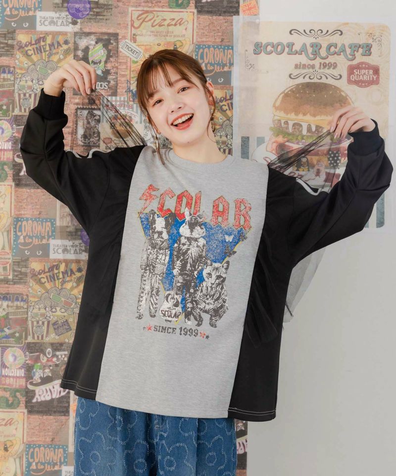 スカラー / ロックなアニマル柄 異素材切替チュール袖プルオーバー スカラー / ロックなアニマル柄 異素材切替チュール袖プル