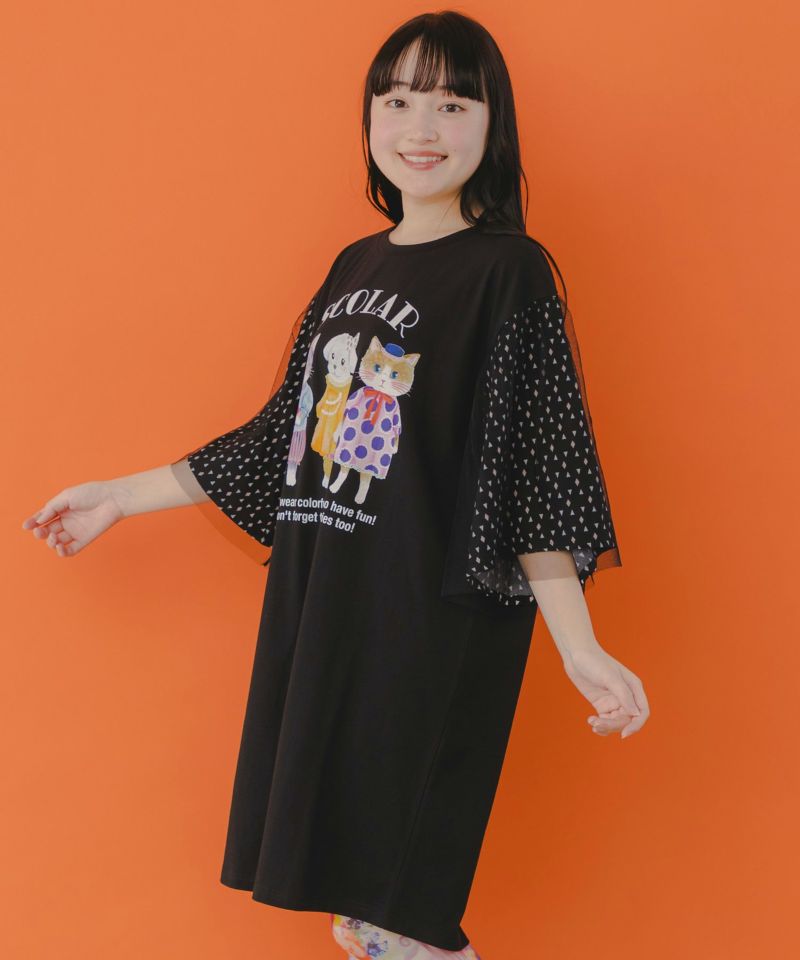新品✨️スカラー ワンピース プリーツ 猫 ロングワンピース ScoLar ScoLar - スカラー/猫柄/バックプリーツ切り替え/ロングシャツ