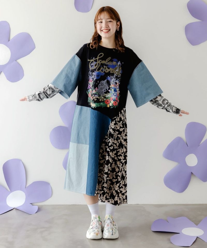 アトリエgg⭐︎花柄ワンピース(21) スカラー / リメイク風デニム切替 花柄ワンピース | BRAND