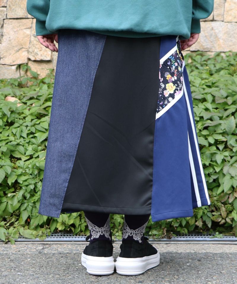 スカラー / 異素材切替 デニムorツイル ライン入り花柄ジャージ