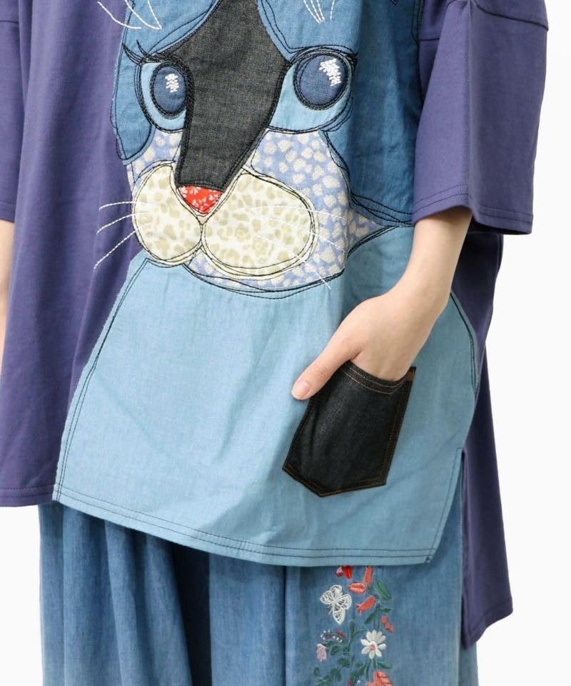 スカラー ScoLar ネコ柄デニムアップリケチュニック （パープル） スカラー ScoLar ネコ柄デニムアップリケチュニック （パープル