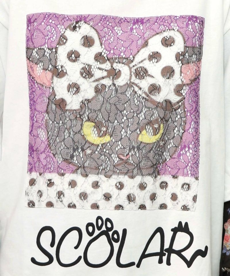 スカラー ScoLar 花とネコ柄のレイヤード風 接触冷感ロンT （オフホワイト） スカラー ScoLar 花とネコ柄のレイヤード風 接触冷感ロンT