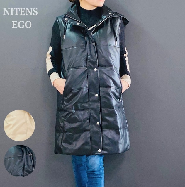 フェイクレザーロングベストフード付 ポケット付 フリーサイズ