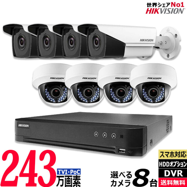 防犯カメラ 業務用 屋内屋外 HIKVISION(ハイクビジョン) バリフォーカル ワンケーブル(PoC) 8台セット レコーダーHDD別 カメラ電源不要 TVI-SET-ONE-8CH-TS