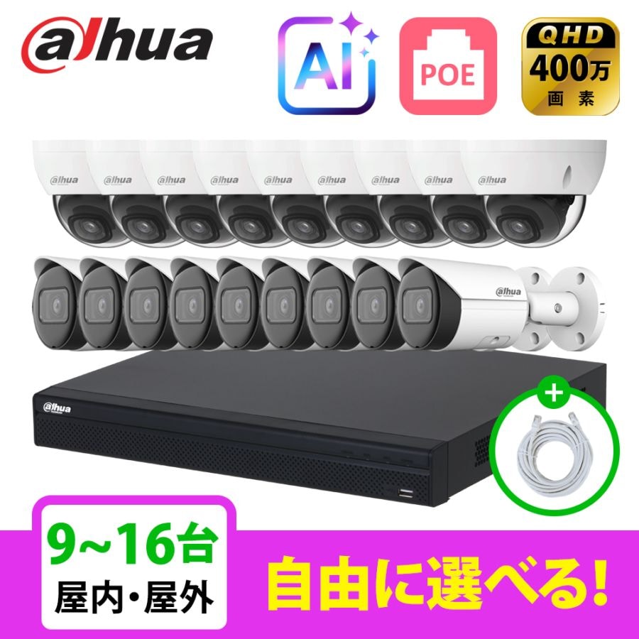 [DAHUA][IP-4M] AI 防犯カメラ 400万画素 16POE 4メガ 9~16台 自己設置 防犯カメラセット NVR4216-16P-4KS3, IPC-HDBW2431E-S-S2, IPC-HFW2431S-S-S2