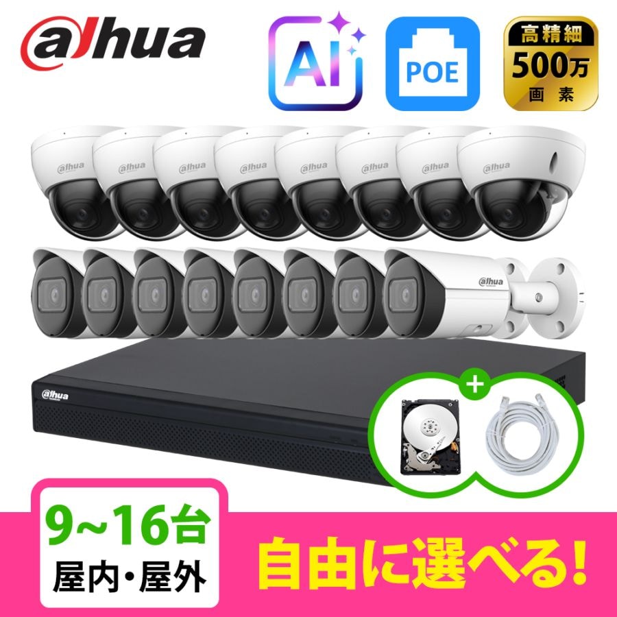 [DAHUA][IP-5M] 防犯カメラ 500万画素 AI 16POE 5メガ 9~16台 自己設置 防犯カメラセット HDD 1T装着 NVR4216-16P-4KS3, IPC-HDBW2541E-S, IPC-HFW2541S-S