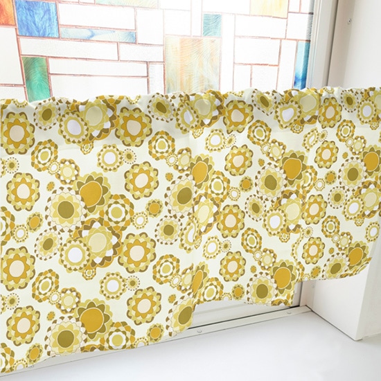 P〕カフェカーテン レトロ花 黄(幅800mm) No.41162【受注生産☆6