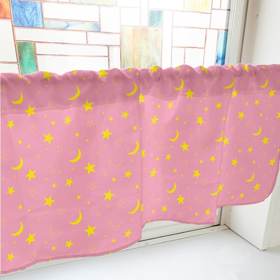 P〕カフェカーテン ベタと線月と星ピンク (幅1000mm) No.40593【受注