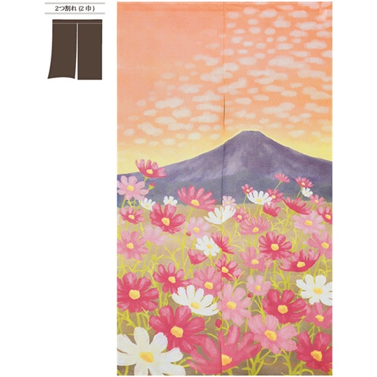 N〕市松柄レースのれん 秋桜と富士 No.42282【通常在庫品】【カタログ_