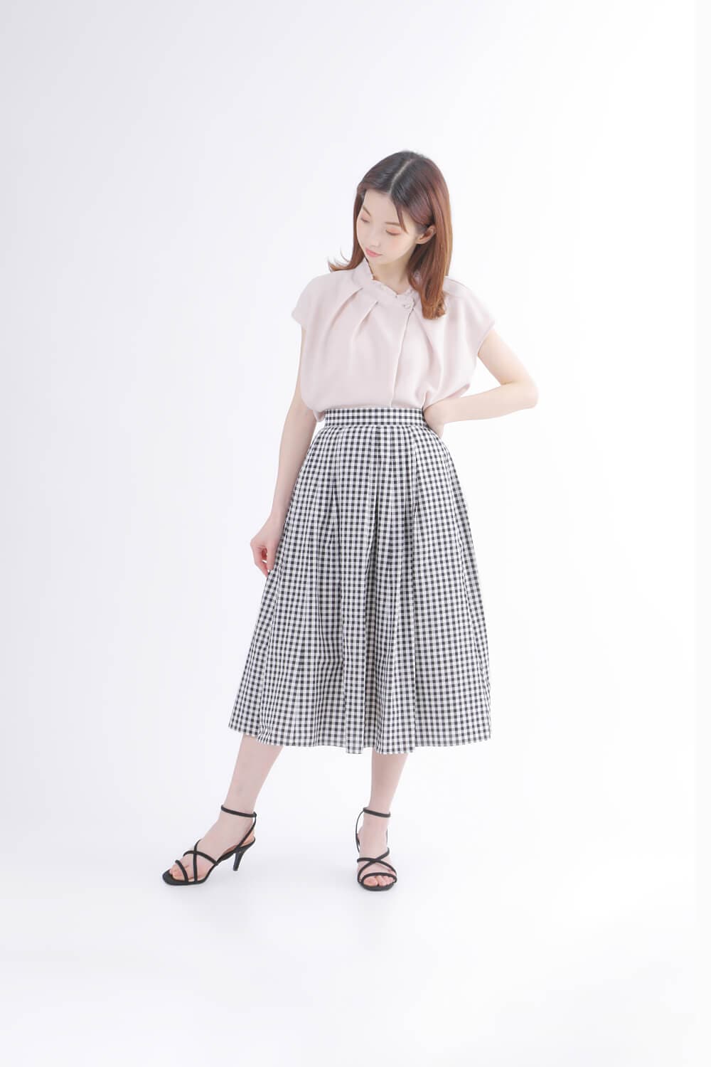 Rene☆ルネ黒×ピンク　リボンギンガムチェック 　タックスカート36サイズ フロントタック]ギンガムチェック柄スカート | きれいめかわいい