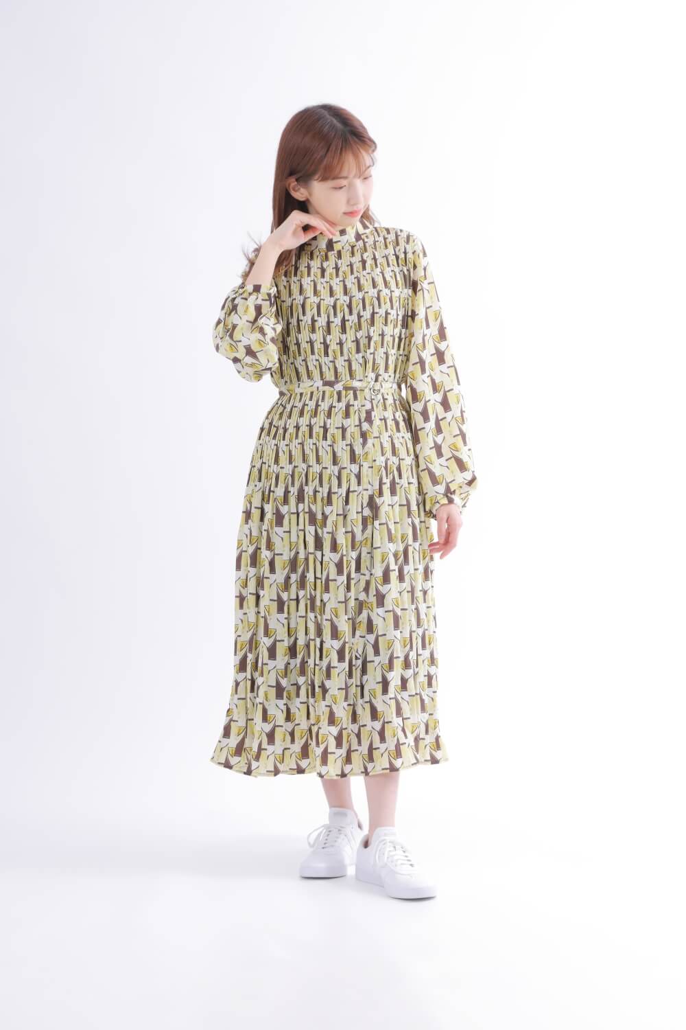 美品✨ダイアグラム 配色プリーツワンピース バイカラー 金ボタン 36 幾何柄]Aラインプリーツワンピース | きれいめかわいいSサイズの