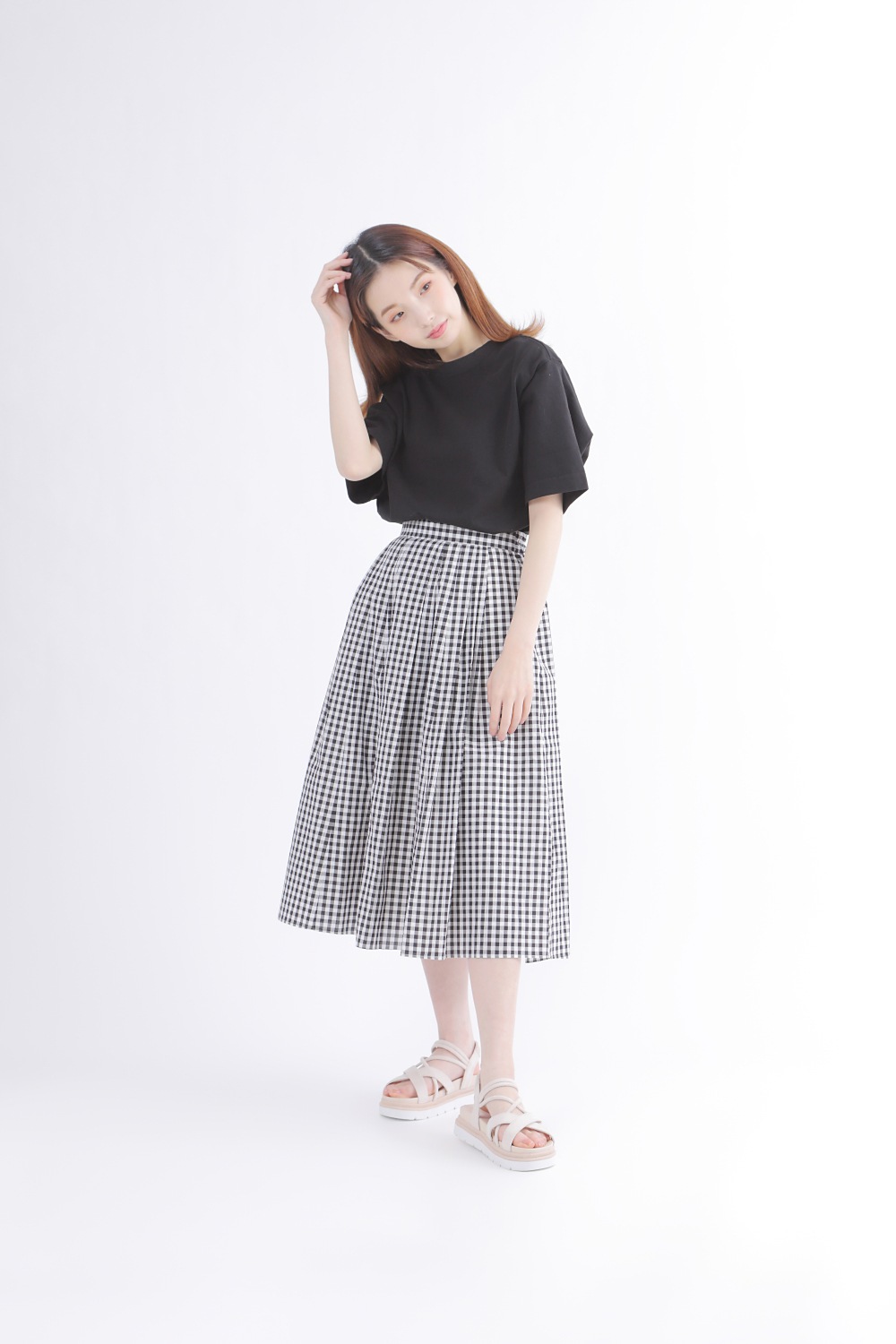 夏用　チェック＆ストライプスカート フロントタック]ギンガムチェック柄スカート | きれいめかわいい