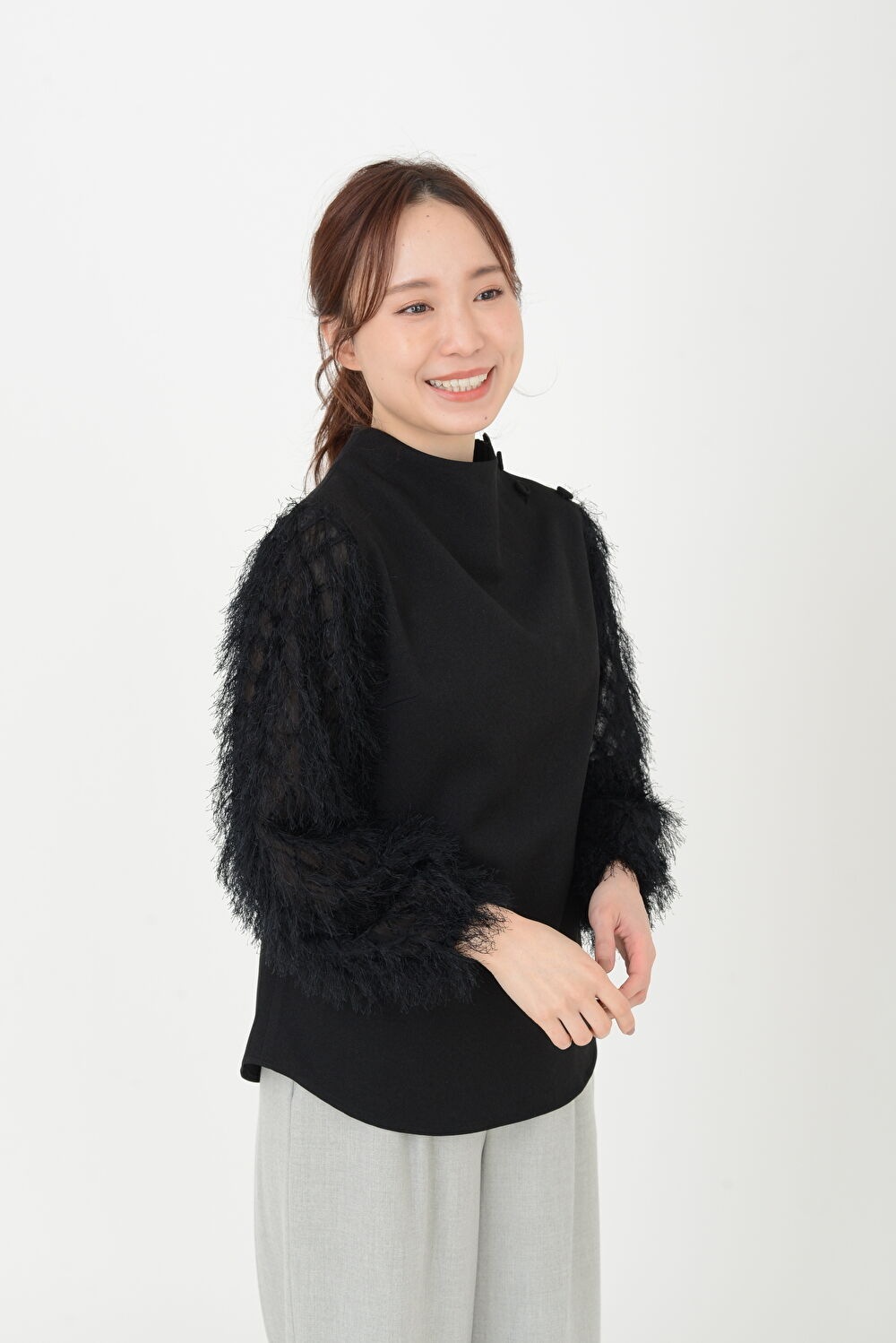 異素材ミックス]モックネックブラウス | きれいめかわいいSサイズの