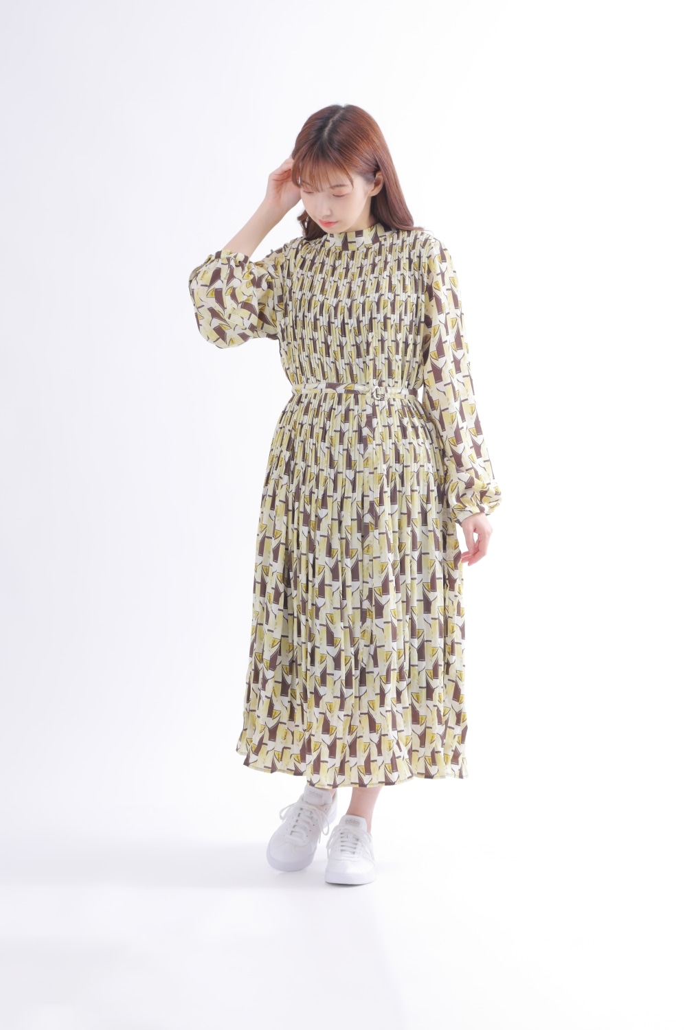 【美品】近年✨️大人気 花柄 ワンピース Aライン プリーツ切り替え グリーン 花柄 ワンピース Aライン[品番：JSFW0010373]｜JS FASHION