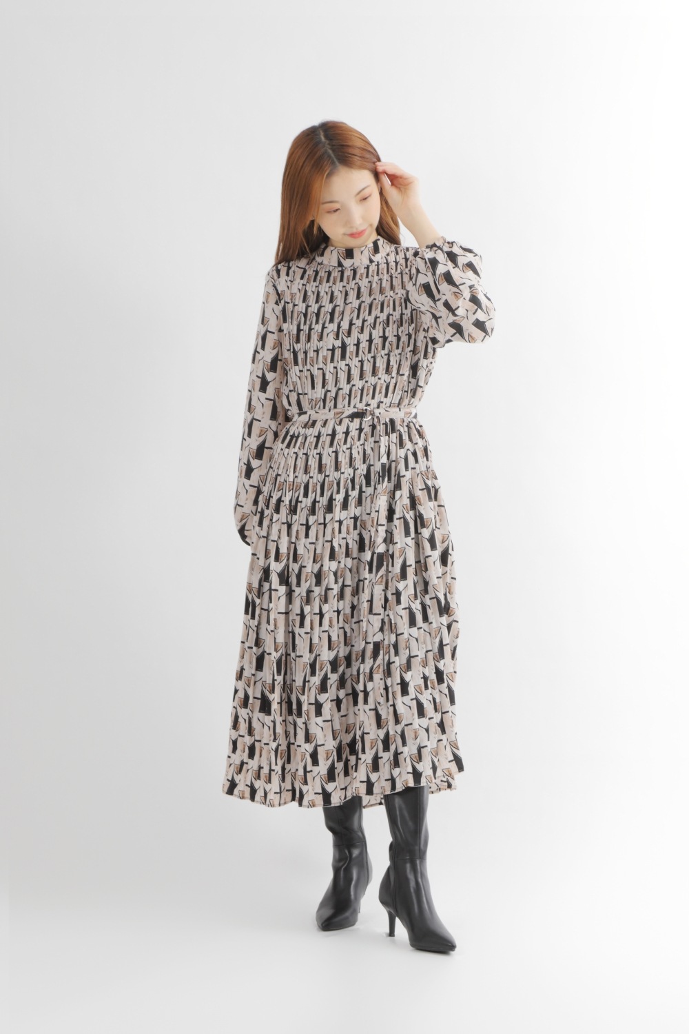 幾何柄]Aラインプリーツワンピース | きれいめかわいいSサイズの