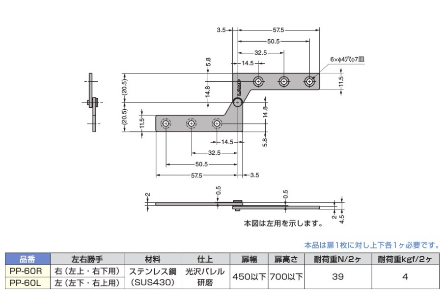 〇取寄品 [スガツネ工業/LAMP] ステンレス鋼製PPヒンジ PP-60型 イン