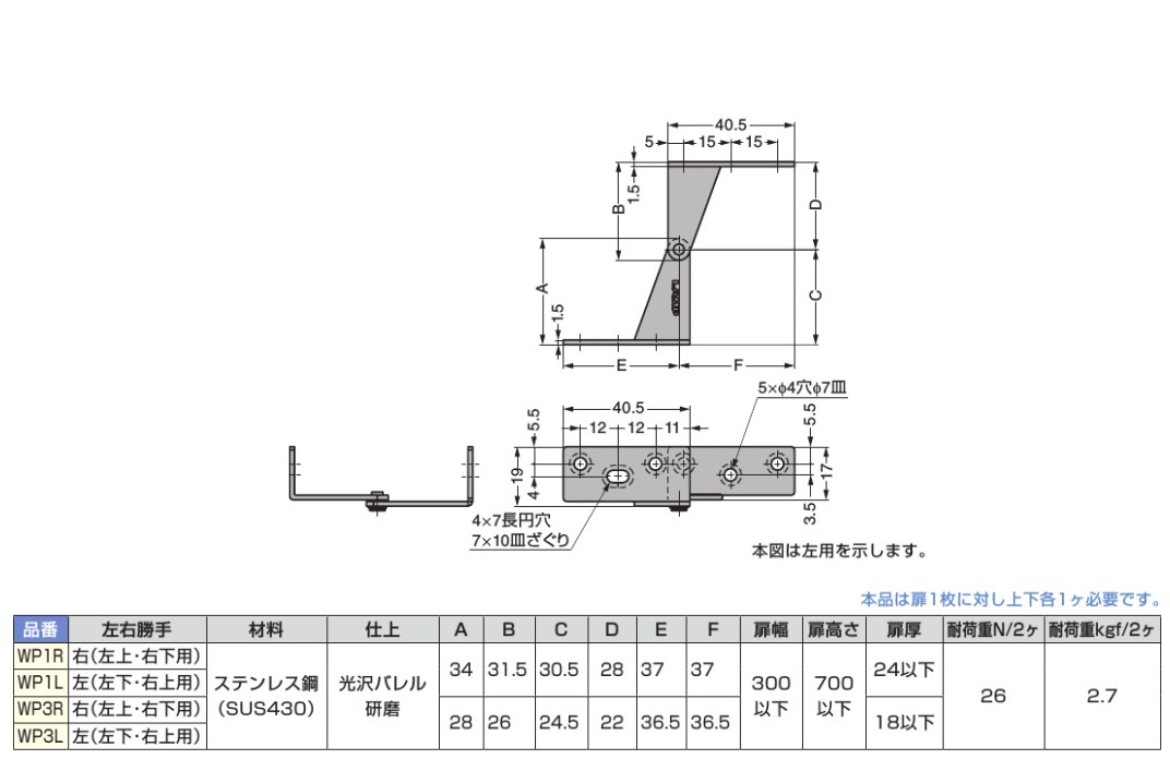 スガツネ工業/LAMP] ステンレス鋼製WP型ヒンジ WP1型、WP3型 かぶせ扉用