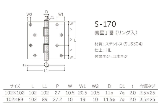 〇取寄品 [MARUKI] S-170 ステン平義星丁番（リング入）