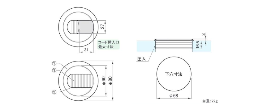 石黒製作所/PLA-PART] 配線用グロメット 円タイプ G809型 木製用