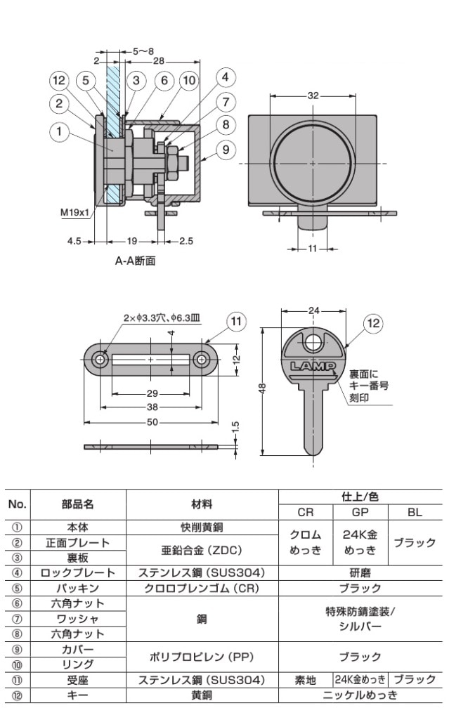 スガツネ工業/LAMP] ミリオンロック シリンダーガラス錠 GS-GL5型