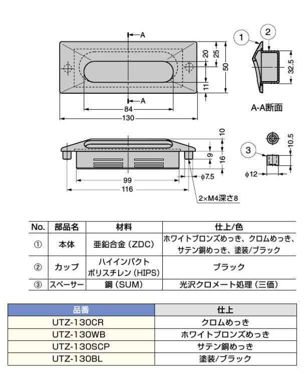 スガツネ工業/LAMP] 埋込取手 UTZ-130型