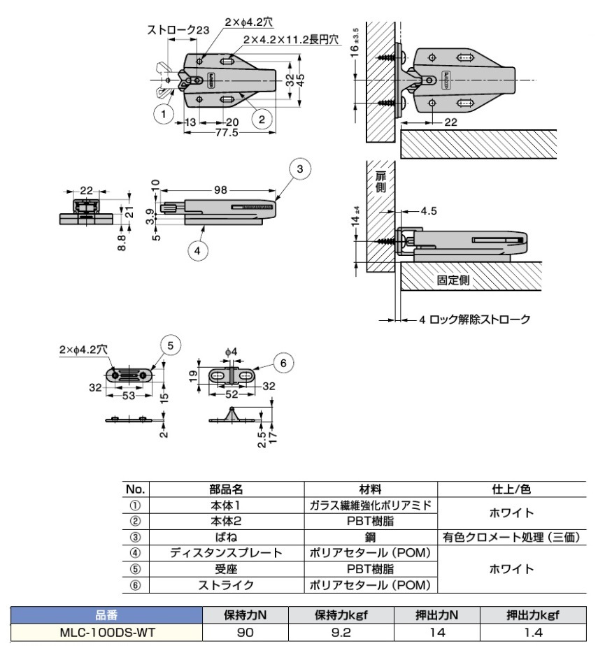 スガツネ工業/LAMP] プッシュラッチ MLC-100DS-WT 上下補正±4㎜タイプ