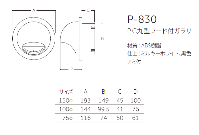 〇取寄品 [MARUKI] P-830 PC丸型フード付ガラリ