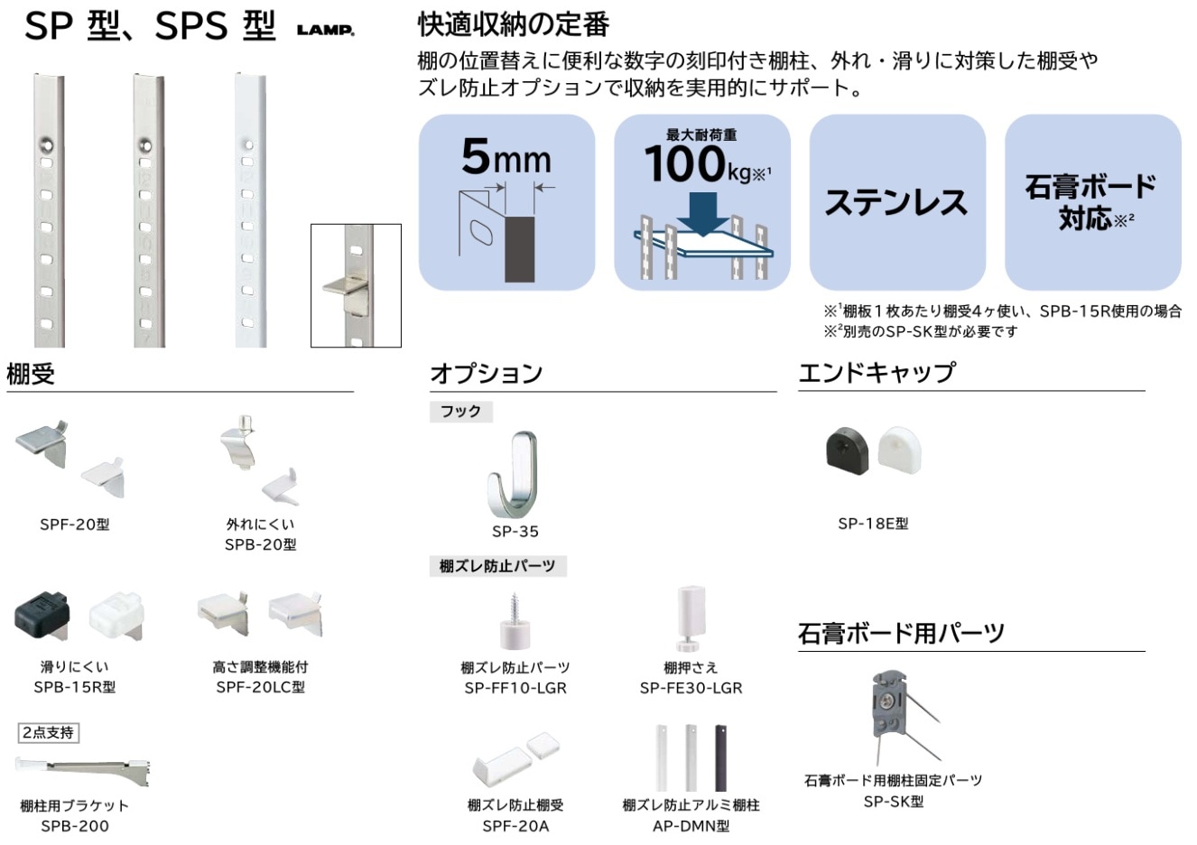 スガツネ工業/LAMP] ステンレス鋼製棚柱 SP型、SPS型
