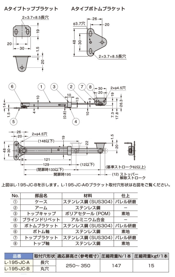 スガツネ工業/LAMP] ステンレス鋼製フラップステー L-195-JC型