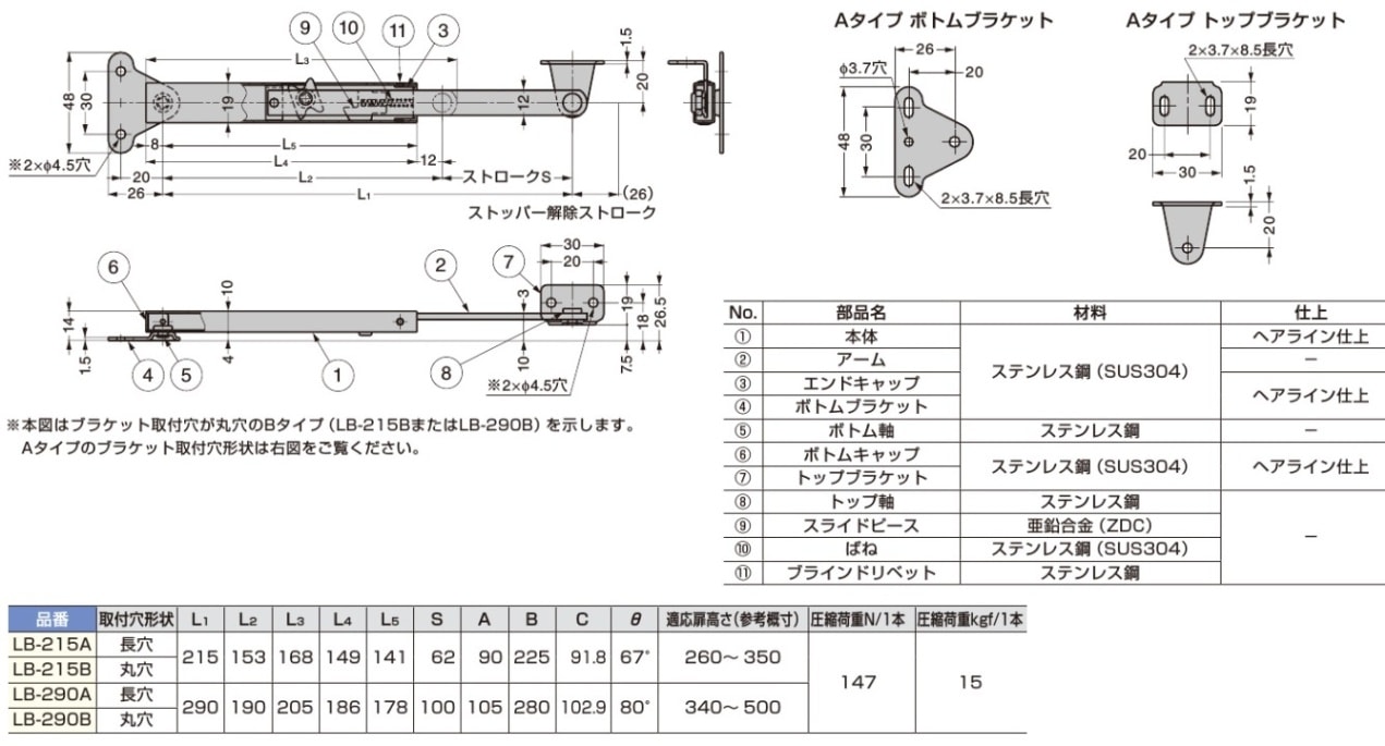 スガツネ工業/LAMP] ステンレス鋼製フラップステー LB-215型,LB-290型
