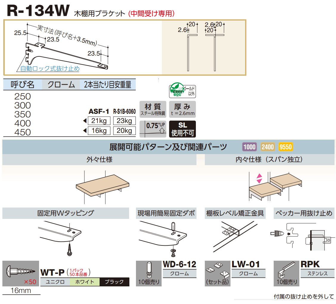 ren.09140314aaaページ ロイヤル(AAシリーズ)] R-134W 木棚用ブラケットRタイプ ※(中間受け専用)