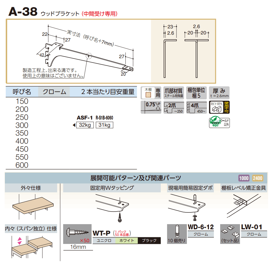 ロイヤル(AAシリーズ)] A-38 ウッドブラケット ※(中間受け専用)